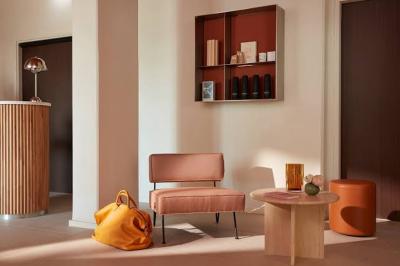 Espace intérieur moderne avec fauteuil rose, table basse en bois, sac orange et étagère murale décorative.