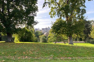 Cuisine professionnelle équipée avec plaques de cuisson, étagères, réfrigérateur, évier et équipements de sécurité visibles.