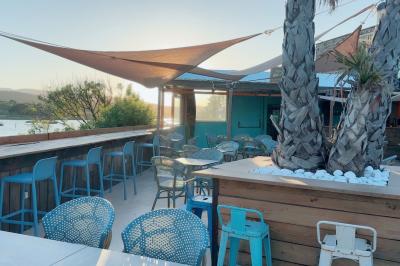 Assiette de dessert composée de crème glacée, purée orange, garnitures croquantes et feuilles de menthe.