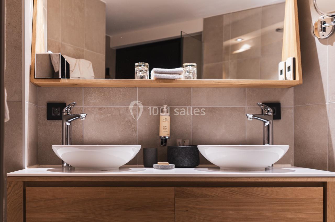 Double vasque moderne avec miroir encadré en bois, éclairage intégré et décoration minimaliste dans une salle de bain.