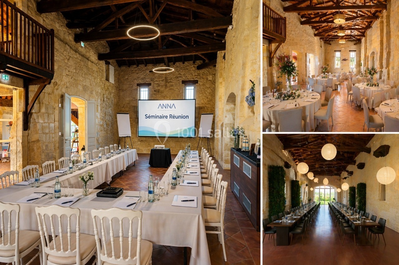 Salle en pierre avec tables disposées pour un séminaire, écrans de présentation et décoration élégante.