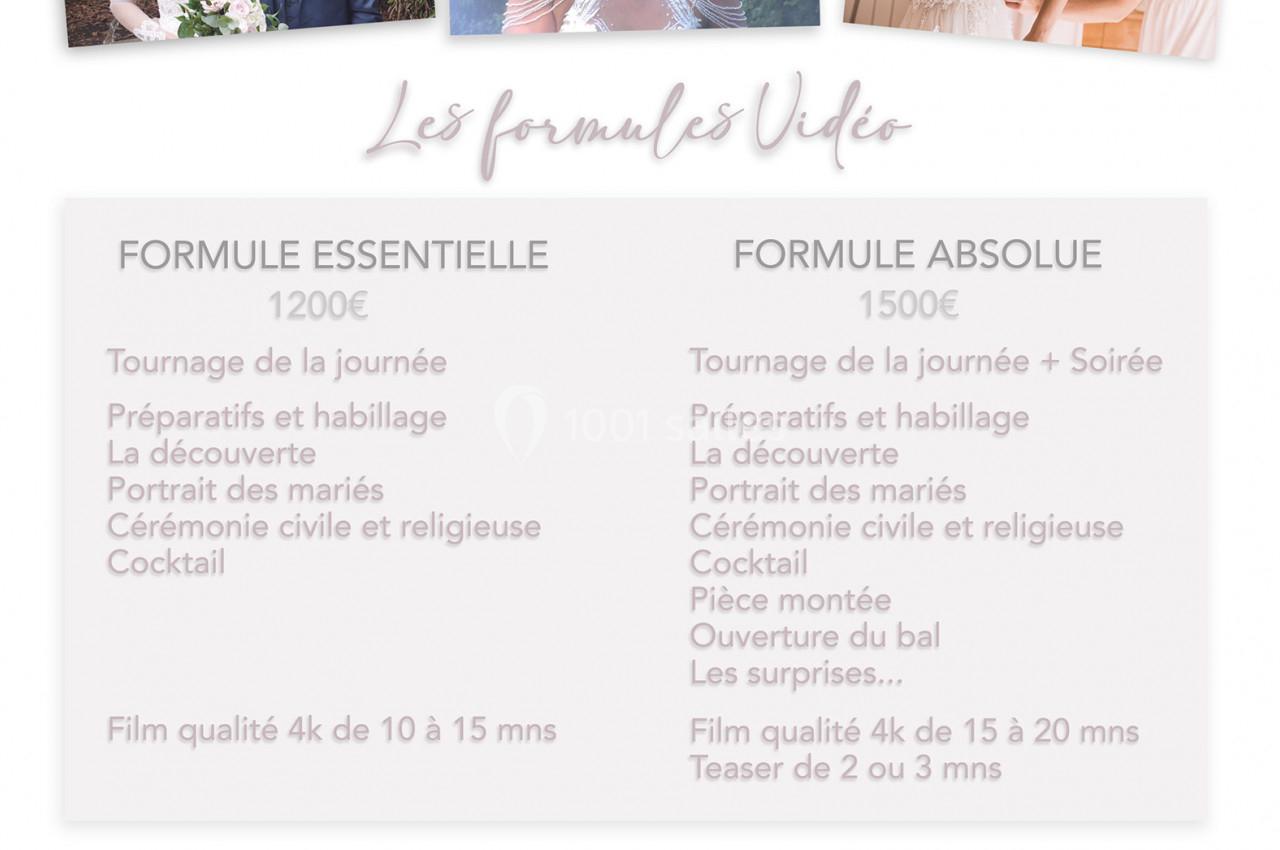 Deux formules de vidéo de mariage présentées avec photos de couples, détails des prestations et coordonnées de contact.