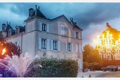 Miniature Location salle Saivres (Deux-Sèvres) - Logis de Russay #11 Manoir illuminé de nuit avec des décorations lumineuses, des tables dressées et des invités dans un jardin.
