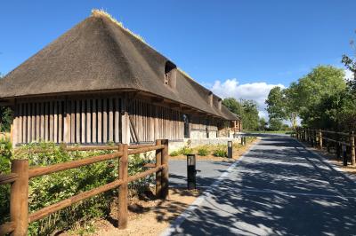 Chambre mansardée avec mur en briques, lit avec coussins, parquet clair et lumière naturelle provenant de deux fenêtres de…