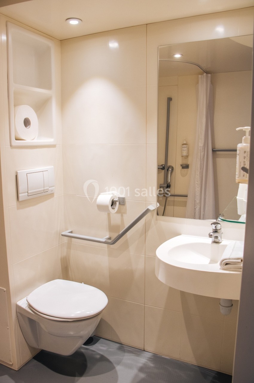 Salle de bain accessible avec toilettes, lavabo, barre d'appui et douche équipée d'un rideau.