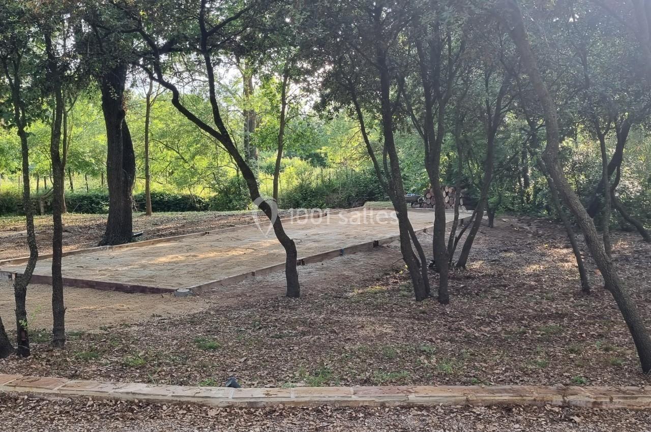 Terrain de pétanque en terre battue entouré d'arbres dans un espace naturel.
