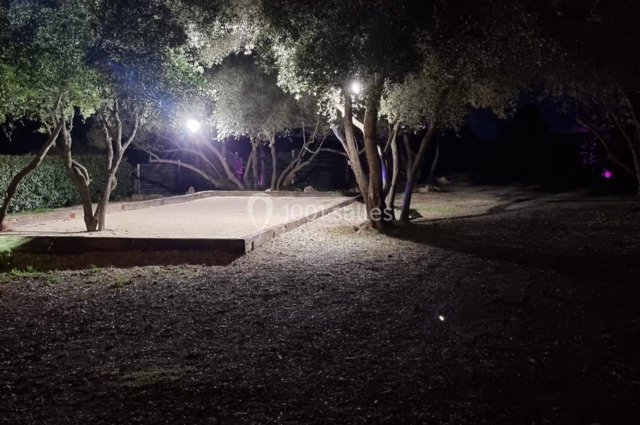 Terrain de pétanque éclairé par des lampes, entouré d'arbres et de végétation dans un cadre nocturne.