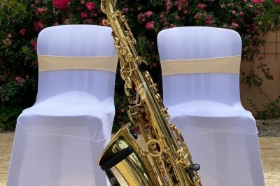 Un saxophone doré posé devant deux chaises blanches décorées, avec un fond de buissons fleuris.