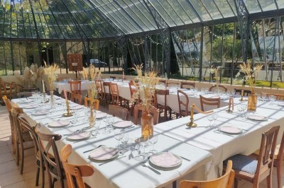 Table en bois rustique dressée pour un repas, avec vaisselle fleurie, bougies, rondins de bois et chemin de table vert.