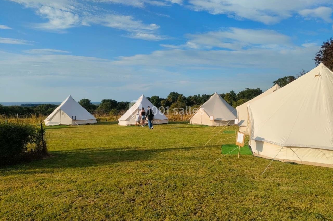 Tentes blanches installées sur une pelouse sous un ciel dégagé, entourées de végétation et de quelques arbres.
