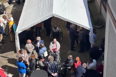 Une assiette contenant une préparation de poisson effiloché avec des herbes, accompagnée de trois points de purée verte.