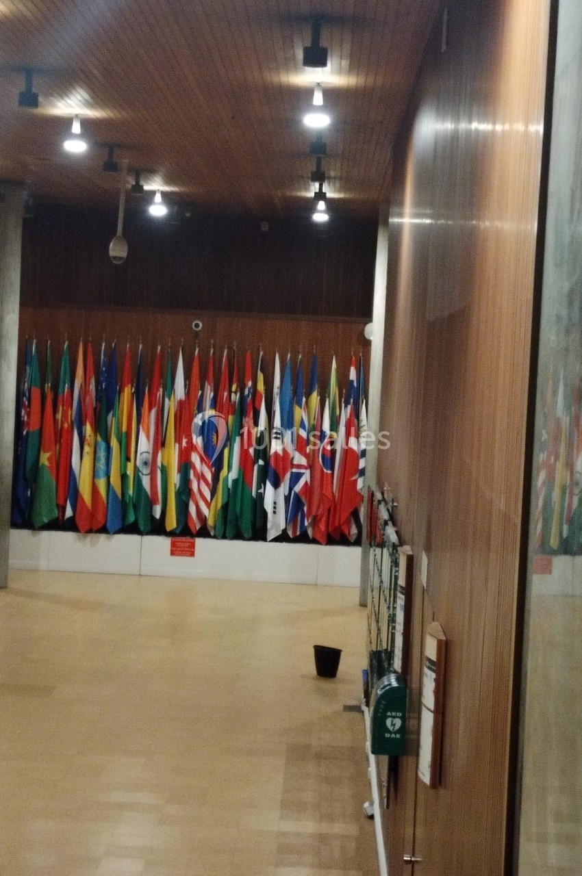 Salle avec un alignement de nombreux drapeaux nationaux, éclairée par des lumières suspendues.