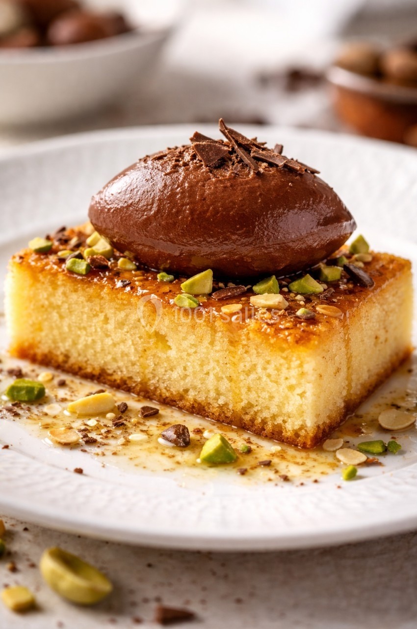 Part de gâteau moelleux garnie de mousse au chocolat, éclats de pistaches et copeaux de chocolat.