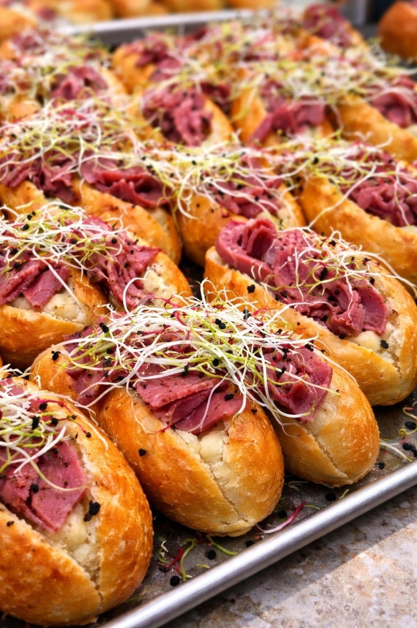 Petits pains garnis de pastrami, germes de luzerne et graines noires, disposés sur un plateau en métal.