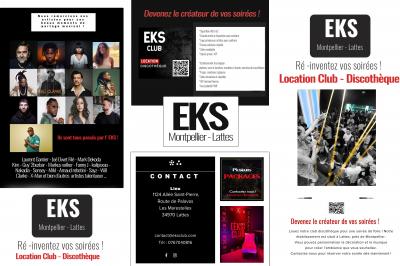 Salle de discothèque avec éclairage coloré, colonnes lumineuses et bar en arrière-plan.