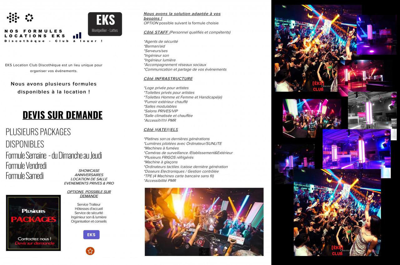Flyers promotionnels pour la location de discothèque avec photos d'ambiance festive et détails des services proposés.