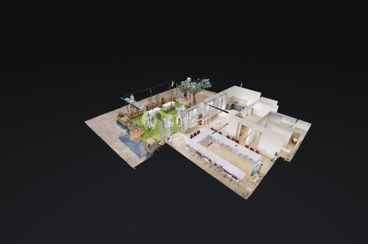 Vue en 3D d'un espace intérieur et extérieur comprenant une salle, une terrasse et un jardin aménagé.