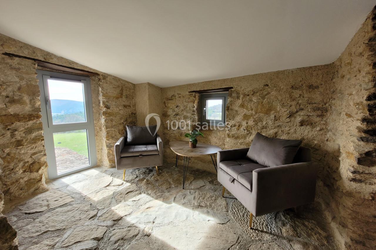Deux fauteuils gris et une table basse avec une plante dans une pièce en pierre éclairée par la lumière naturelle.