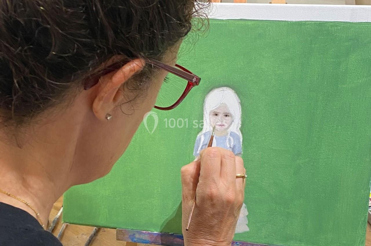 Une femme peint une petite fille en robe bleue sur une toile avec un fond vert.