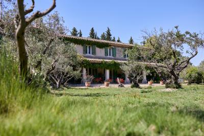 Vue d'une chambre cosy avec lit, éclairage doux, rideaux verts et table extérieure ornée de plantes et d'une tasse.