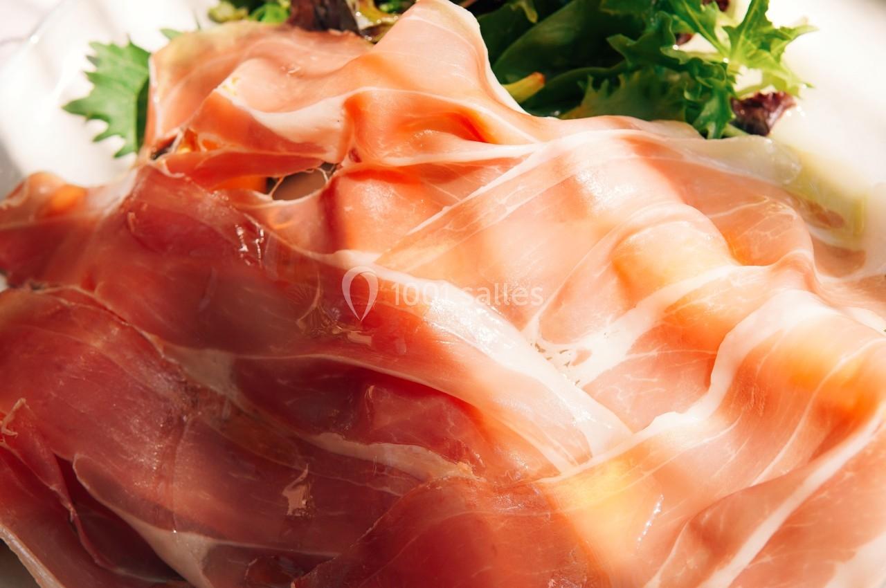 Assiette de tranches de jambon cru accompagnées d'une salade verte sur une nappe blanche.