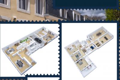 Plan 3D d'une villa avec plusieurs vues détaillées des espaces intérieurs, présenté sur un fond illustrant la façade…