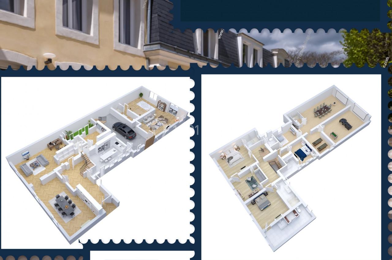 Plan 3D de plusieurs étages d'une villa moderne, avec vue extérieure partielle de la façade jaune.