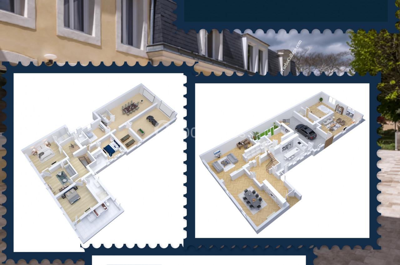 Plan 3D d'une villa avec vue extérieure sur la façade jaune et détails des espaces intérieurs aménagés.