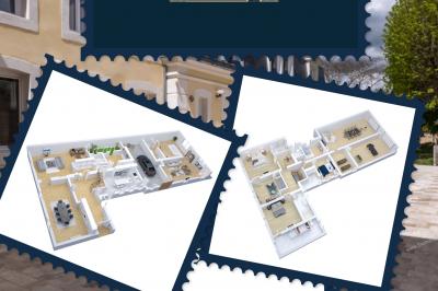 Plan 3D d'une villa avec plusieurs vues détaillées des espaces intérieurs, présenté sur un fond illustrant la façade…