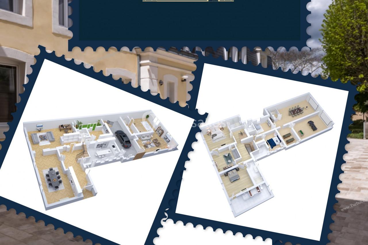 Plan 3D d'une villa avec plusieurs vues détaillées des espaces intérieurs, présenté sur un fond illustrant la façade…