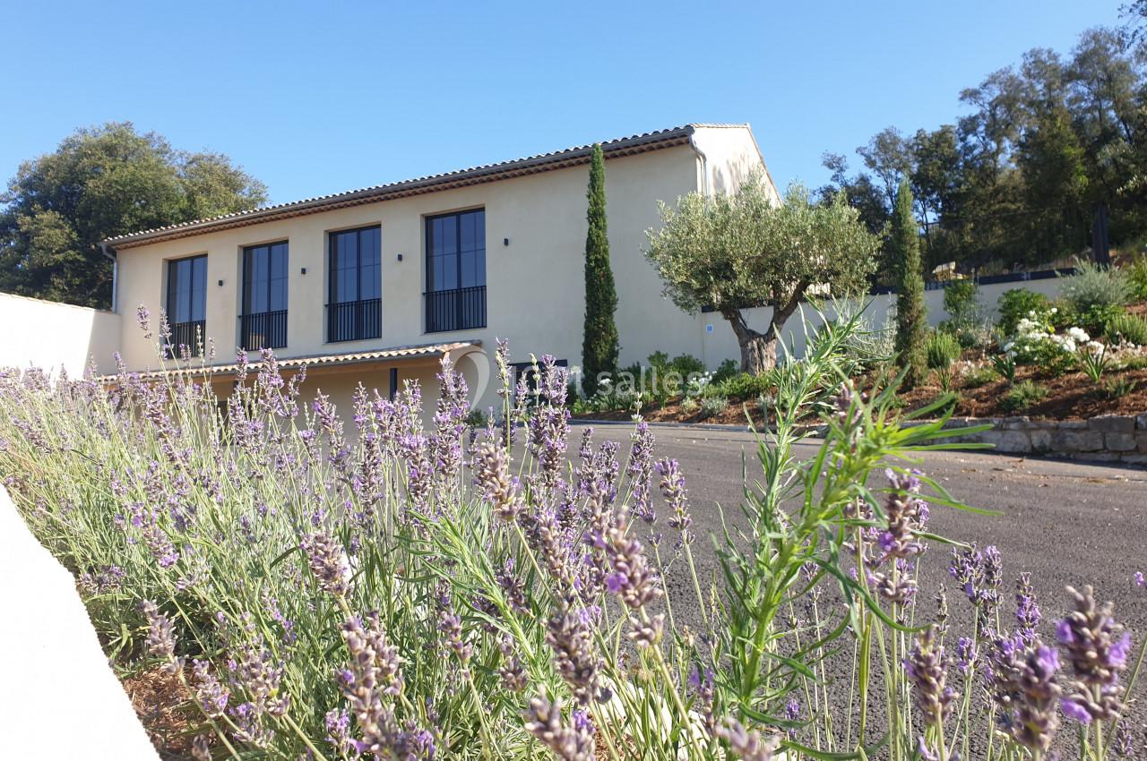 Champ de lavande en premier plan avec une maison beige à toit en tuiles et des arbres en arrière-plan.