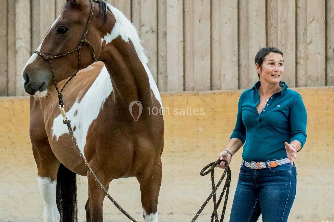 Femme guidant un cheval pie tenu en longe dans un manège intérieur avec des murs en bois.
