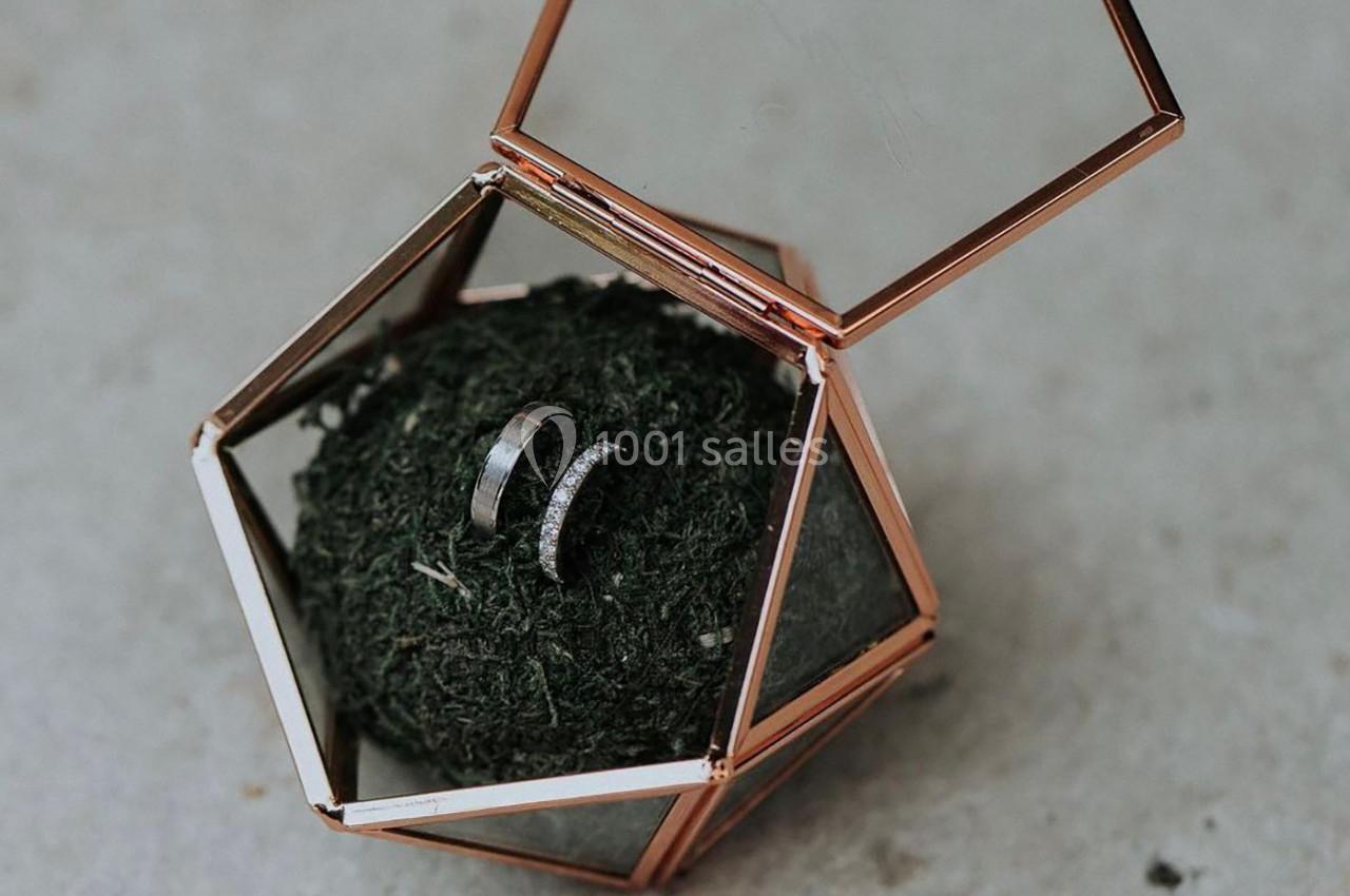 Deux alliances posées sur un lit de mousse à l'intérieur d'une boîte géométrique en verre et métal doré.