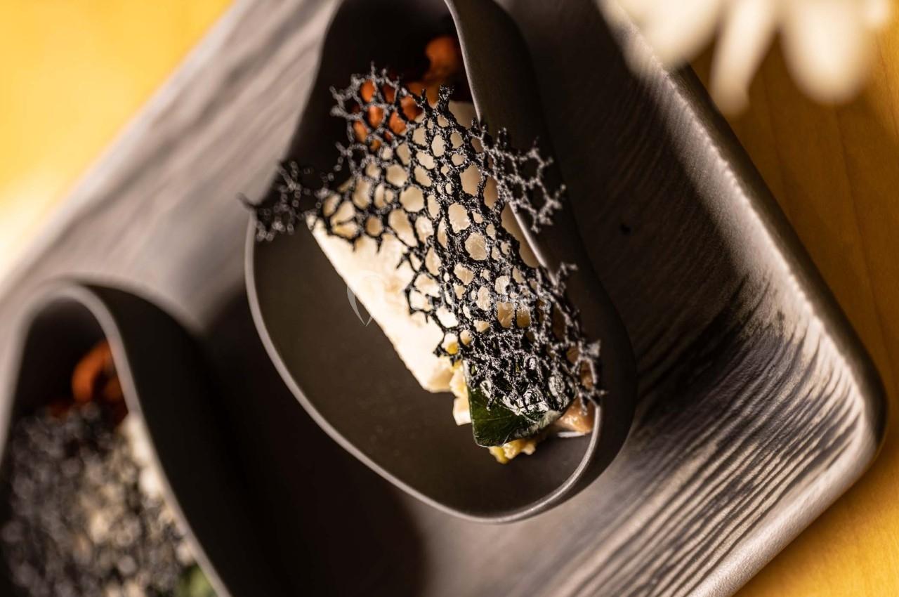 Plat gastronomique présenté dans une assiette noire, décoré d'une dentelle alimentaire noire et d'ingrédients raffinés.