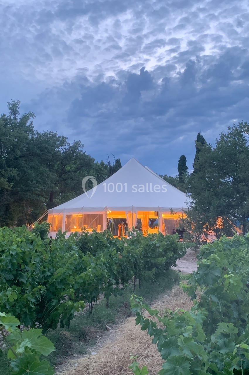 Grande tente éclairée installée au milieu d'un vignoble verdoyant sous un ciel nuageux en soirée.