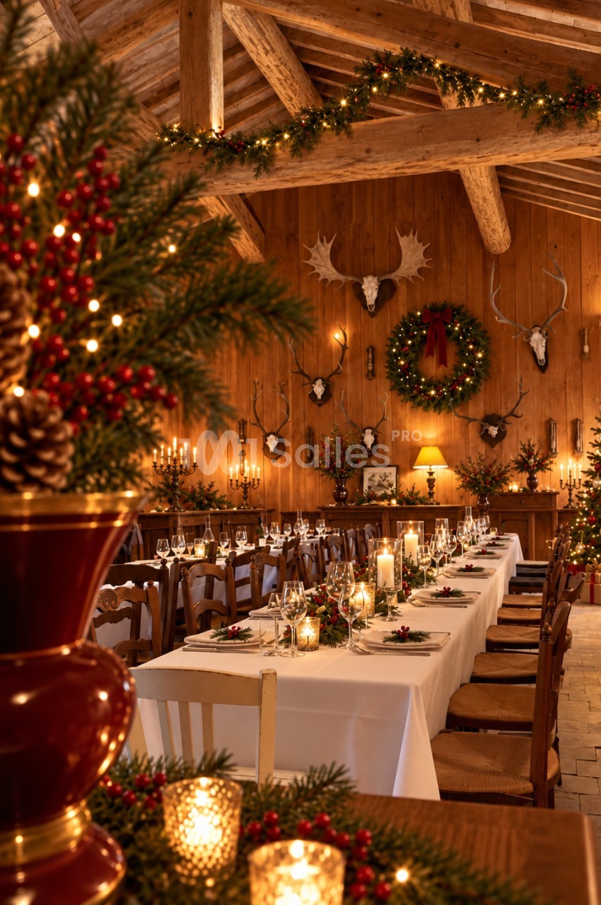 Salle en bois avec poutres apparentes, table dressée décorée de guirlandes lumineuses, bougies et trophées de chasse aux murs.