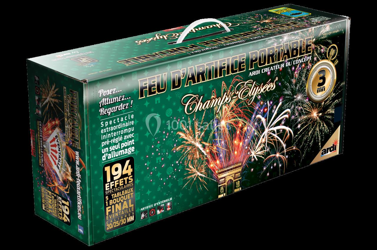 Boîte de feu d'artifice portable avec illustrations colorées de feux d'artifice et détails sur les effets et la durée.
