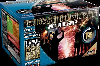 Boîte de feux d'artifice avec illustrations de gerbes colorées et mentions ’100% feu’ et ’25 départs’.