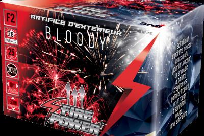 Boîte de feux d'artifice avec illustrations de gerbes colorées et mentions ’100% feu’ et ’25 départs’.