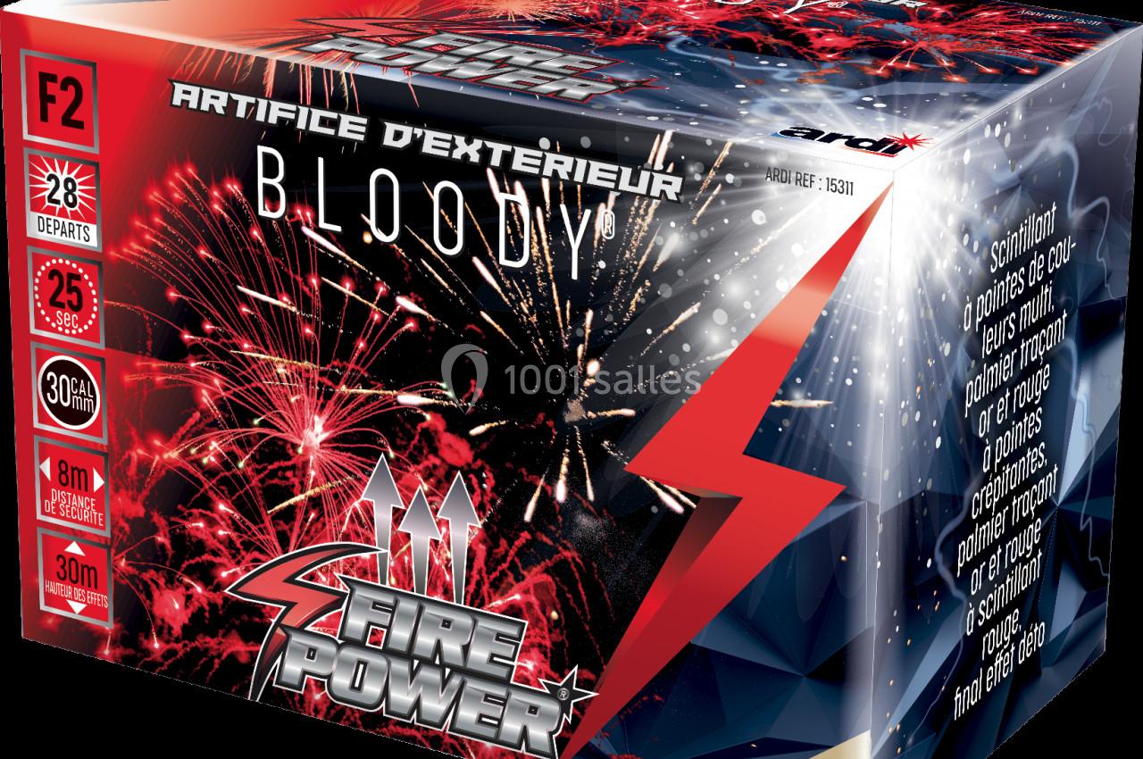 Boîte d'artifice d'extérieur ’Bloody’ avec description des caractéristiques, visuel de feux d'artifice et logo du fabricant.