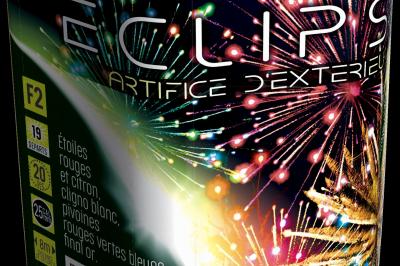 Boîte de feux d'artifice avec illustrations de gerbes colorées et mentions ’100% feu’ et ’25 départs’.