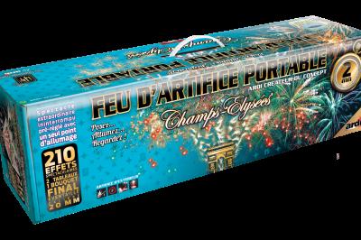 Boîte de feux d'artifice avec illustrations de gerbes colorées et mentions ’100% feu’ et ’25 départs’.