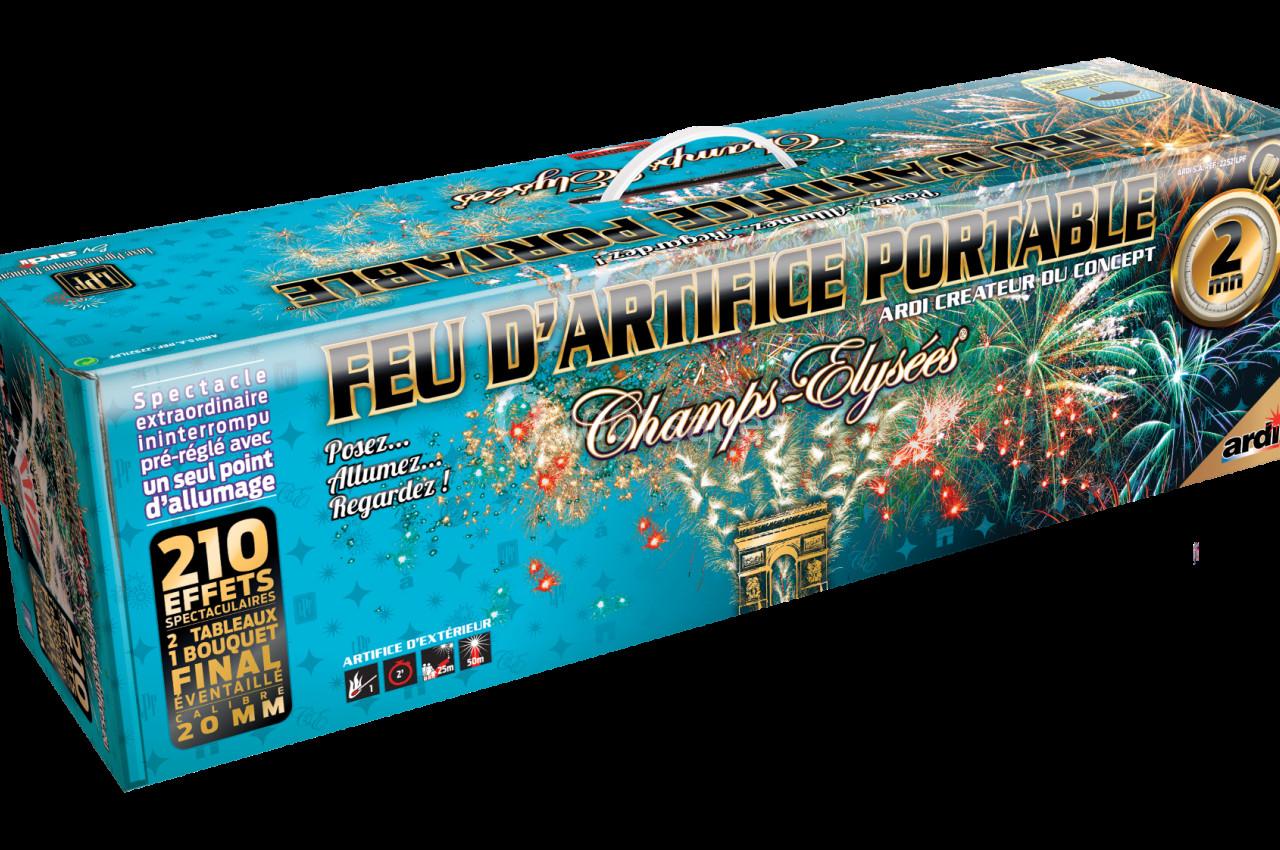 Boîte colorée d'un feu d'artifice portable avec illustrations de feux d'artifice et informations sur les effets.