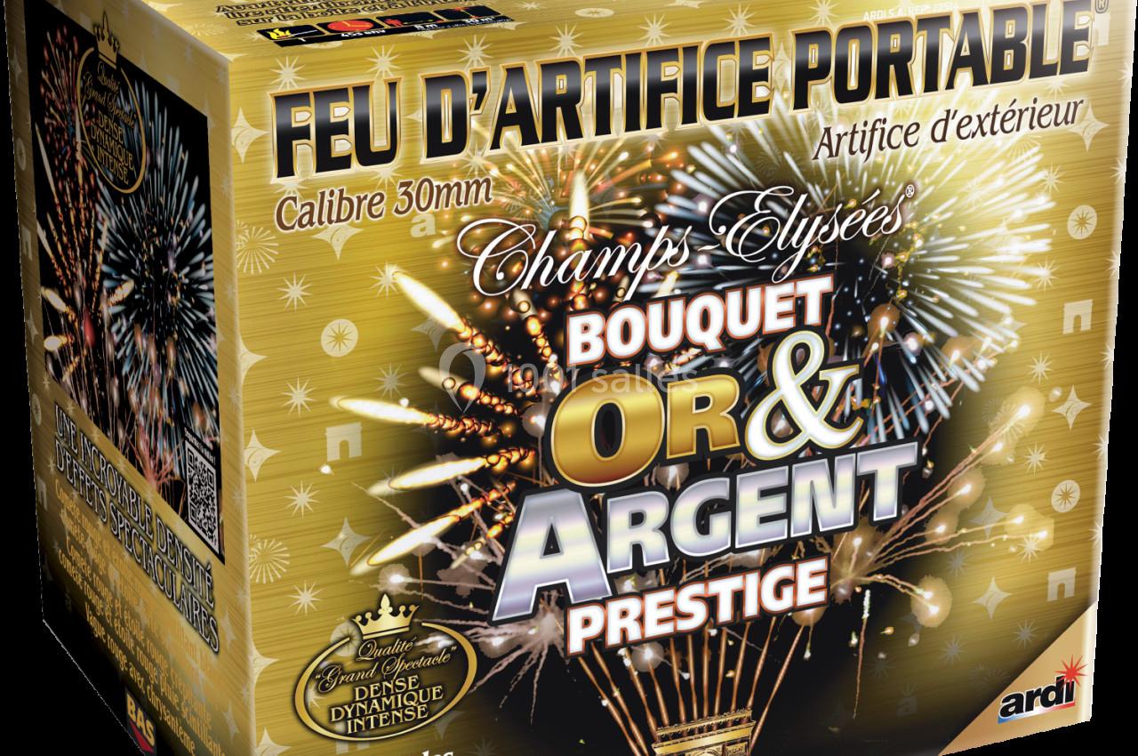 Boîte de feu d'artifice portable dorée avec illustrations de feux d'artifice et informations sur le produit.