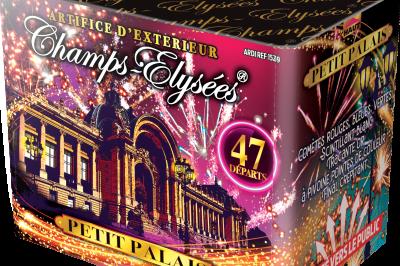 Boîte de feux d'artifice avec illustrations de gerbes colorées et mentions ’100% feu’ et ’25 départs’.