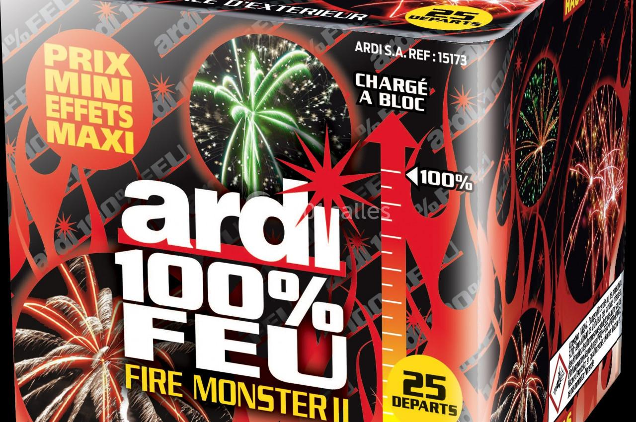 Boîte de feux d'artifice avec illustrations de gerbes colorées et mentions ’100% feu’ et ’25 départs’.