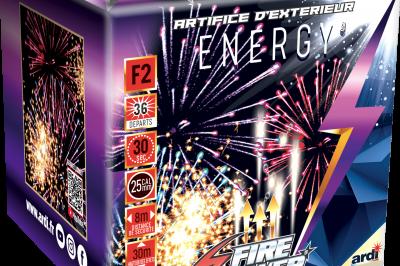 Boîte de feux d'artifice avec illustrations de gerbes colorées et mentions ’100% feu’ et ’25 départs’.