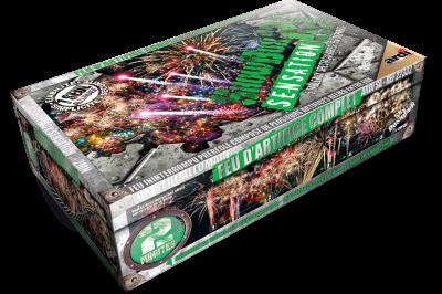 Boîte de feux d'artifice avec illustrations de gerbes colorées et mentions ’100% feu’ et ’25 départs’.