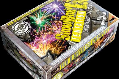 Boîte de feux d'artifice avec illustrations de gerbes colorées et mentions ’100% feu’ et ’25 départs’.