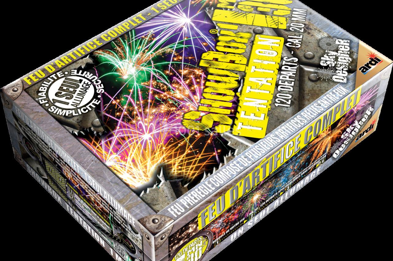 Boîte de feu d'artifice avec des illustrations de feux multicolores et des informations sur le contenu et la durée.